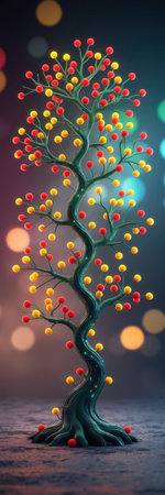 A stylized tree with a twisted trunk adorned with vibrant red and yellow spherical ornaments. The background features a soft bokeh effect, creating a dreamy atmosphere.の素材