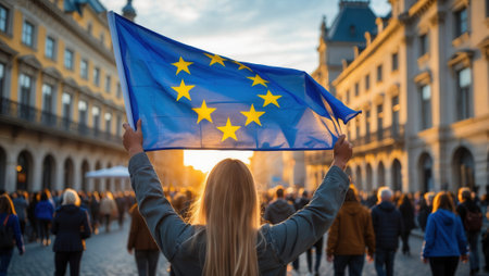 Woman raising the European Union flag in a vibrant city square at sunset, surrounded by a crowd of people. Urban architecture and warm light enhance the scene.の素材