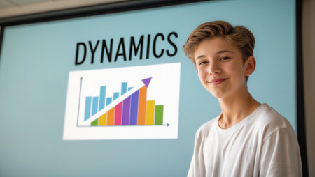 Smiling boy standing near a presentation screen displaying the word "DYNAMICS" and a colorful bar chart with an upward trend, in a classroom setting.の素材