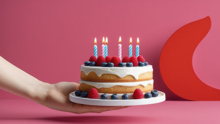 Hand presenting a two-layered birthday cake topped with lit candles, fresh raspberries, and blueberries. Pink background with a red decorative element.の素材