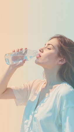 Woman sipping water from a clear plastic bottle in bright sunlight. She wears a light blouse, with a soft pastel-toned background creating a serene atmosphere.の素材