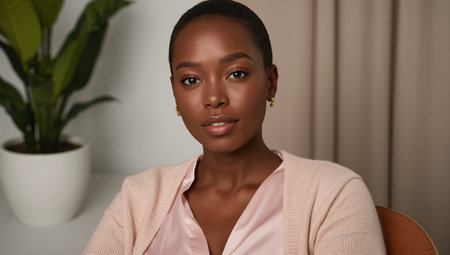 Confident woman seated indoors wearing a light pink blouse and beige cardigan. Neutral background with a green potted plant adds a modern and serene touch.の素材