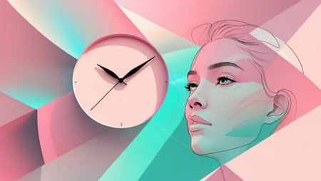 Abstract artwork featuring a womanâs face alongside a clock, representing themes of time, anxiety, mental health, and menopause. Soft pastel colors create a calming yet reflective mood.の素材