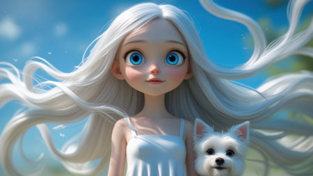 Adorable animated girl with flowing white hair and large blue eyes standing in a sunny outdoor setting, accompanied by a small white dog. Bright and cheerful mood.の素材