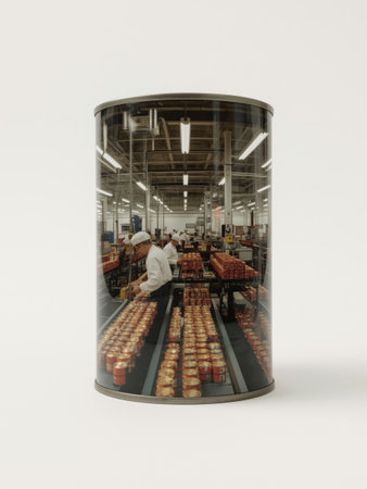 Workers in white uniforms and caps inspecting canned goods on a conveyor belt in a brightly lit industrial food production facility.の素材