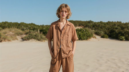 Young individual wearing a loose brown shirt and matching pants, standing on a sandy beach under clear blue skies. Green bushes line the background.の素材