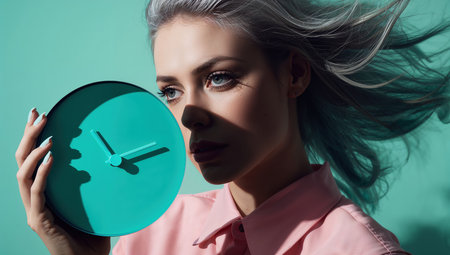Woman with silver hair holding a turquoise clock, gazing thoughtfully. Conceptual representation of time, anxiety, menopause, and mental health in women.の素材