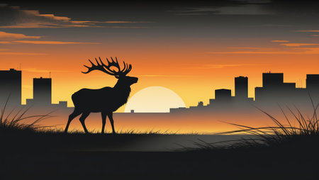 Silhouette of a deer with large antlers standing in the foreground, framed by tall grass, with a modern city skyline and a glowing sunset in the background.の素材