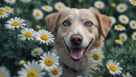 Cheerful dog with striking blue eyes sitting amidst vibrant white daisies in a green garden. The scene captures a joyful and serene moment in nature on a sunny day.の素材
