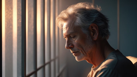 Senior man with gray hair sitting by a window, illuminated by warm sunlight. His contemplative expression reflects themes of mental health, aging, and emotional well-being.の素材