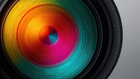 Close-up view of a camera lens showcasing vivid rainbow-colored reflections on its surface. The intricate details of the lens rings and vibrant hues create a striking visual effect.の素材