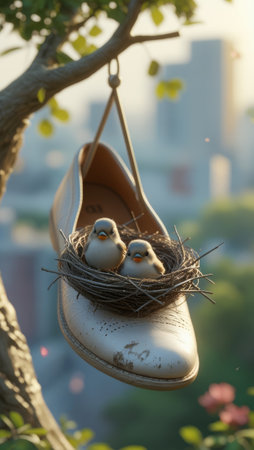 Two small birds sitting in a nest made of twigs, creatively placed inside a hanging shoe on a tree branch. Soft sunlight and blurred cityscape in the background.の素材