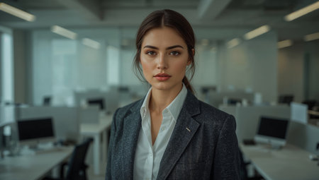 Confident young businesswoman wearing a blazer and white shirt, standing in a modern office with desks and computers in the background. Professional atmosphere.の素材