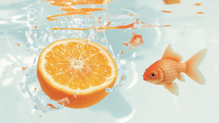 A vibrant orange slice splashes into clear water, creating dynamic ripples and droplets, while a goldfish swims nearby. A surreal and creative composition.の素材