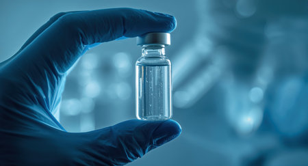 Close-up of a gloved hand holding a clear glass vial in a laboratory environment. Blurred scientific equipment in the background creates a professional atmosphere.の素材