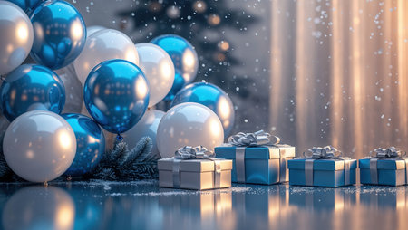 Blue and white balloons with matching gift boxes adorned with ribbons, surrounded by snowflakes and soft holiday lights, creating a festive winter atmosphere.の素材