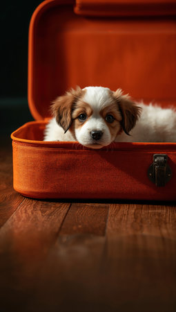 Cute small puppy lying comfortably in an open orange suitcase placed on a wooden floor. The scene exudes warmth and coziness, perfect for travel or pet-related themes.の素材