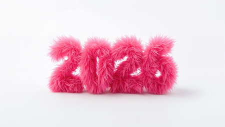 Pink fluffy numbers forming "2023" placed on a white background, representing the new year celebration. Vibrant and creative design concept.の素材