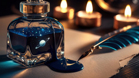 Close-up of a vintage ink bottle with a planetary design, spilled blue ink, and a quill pen on parchment paper, surrounded by lit candles in a dark, atmospheric setting.の素材