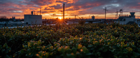 Rooftop garden with dense green foliage under a dramatic sunset sky. Industrial buildings, chimneys, and antennas form the urban skyline in the background.の素材