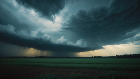 Dark storm clouds loom over a lush green field, with rays of sunlight piercing through the sky. The dramatic contrast creates a moody and atmospheric landscape.の素材