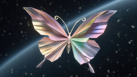 Origami butterfly crafted with iridescent paper, glowing softly against a dark cosmic background filled with stars and light streaks, symbolizing creativity.の素材