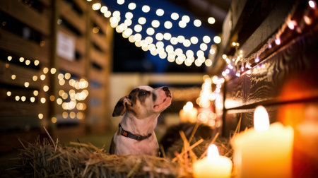 Adorable dog sitting on hay surrounded by warm glowing candles and festive string lights in a cozy rustic setting.の素材