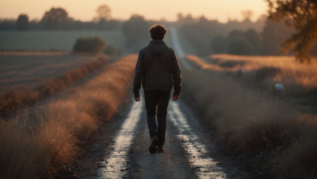 A man walks along a dirt road in the countryside during sunset, surrounded by golden fields and trees. The serene atmosphere highlights solitude and tranquility.の素材
