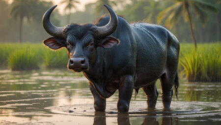 Water buffalo standing in a calm, shallow pond with its reflection visible, surrounded by vibrant green grass and palm trees under the soft light of sunrise.の素材