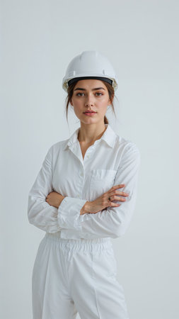 Confident female construction worker wearing a white uniform and safety helmet, standing with arms crossed against a plain background. Professional and focused.の素材