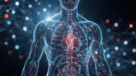 Human cardiovascular system illustration showing a glowing heart and intricate vein network. The image highlights anatomy and medical concepts on a dark background.の素材