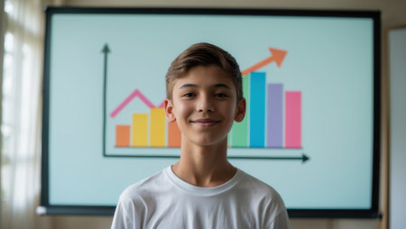 Young boy smiling confidently while standing in front of a presentation screen displaying a colorful bar graph with an upward arrow in a bright room.の素材