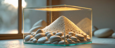 Glass container filled with smooth white pebbles and fine sand, illuminated by soft warm sunlight. The scene is set near a window with a blurred natural background.の素材