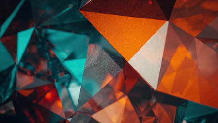 Abstract composition featuring overlapping triangular shapes in vibrant orange and teal hues. The design creates a dynamic, modern, and futuristic aesthetic.の素材