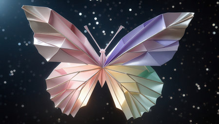 Origami butterfly crafted with pastel-colored paper, illuminated against a dark background with sparkling star-like lights, creating a magical atmosphere.の素材