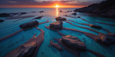 Coastal scene featuring intricate sand patterns and rocks in shallow turquoise waters, illuminated by a vibrant sunset. Tranquil and picturesque seascape.の素材