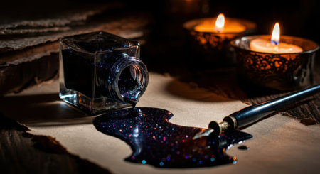 Vintage ink bottle with spilled shimmering ink, dip pen, and burning candles on rustic paper background, evoking a nostalgic and artistic atmosphere.の素材
