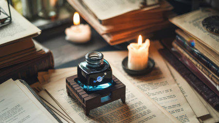 Vintage ink bottle with cosmic design on a wooden stand surrounded by open books, candles, and a cozy literary atmosphere.の素材