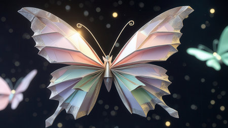 Close-up of a pastel-colored origami butterfly with glitter accents, illuminated softly against a dark background with glowing bokeh lights and other butterflies.の素材