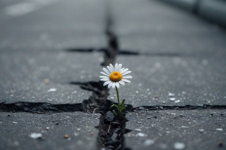 White daisy flower emerging from a crack in gray asphalt, representing resilience, hope, and growth in adversity. Close-up with a blurred background.の素材