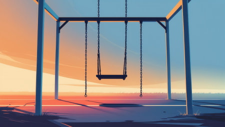 Minimalist artwork depicting an empty swing set with chains and a wooden seat, bathed in warm sunset hues. The scene evokes calmness and nostalgia.の素材