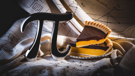 Mathematical concept represented by a large pi symbol next to a chocolate and pumpkin pie slice on a decorative background with mathematical equations.の素材