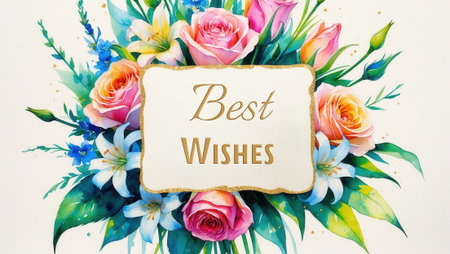 Vibrant bouquet of roses, lilies, and greenery framing a decorative card with text "Best Wishes" in gold. Perfect for celebrations, greetings, or special occasions.の素材