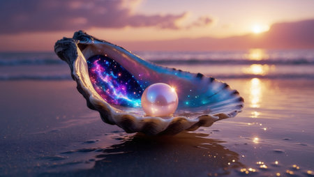 Open seashell resting on a sandy beach at sunset, featuring a glowing pearl and a vibrant cosmic galaxy inside. Reflective water and serene atmosphere.の素材