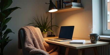 Cozy home office scene featuring a laptop on a wooden desk, illuminated by a desk lamp. A warm blanket drapes over the chair, with plants and books adding a modern touch.の素材