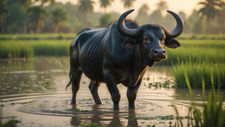 Water buffalo standing in a flooded rice field during sunset, with tropical palm trees in the background. The serene rural landscape highlights agriculture and nature.の素材