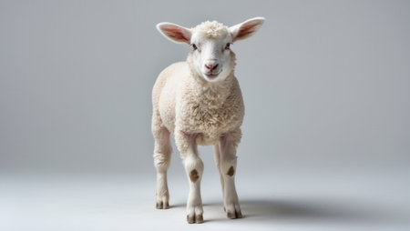 Adorable young lamb with fluffy white wool standing on a light gray background. The lamb is facing forward, creating a calm and serene atmosphere.の素材