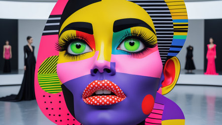 Close-up of a woman's face featuring vivid geometric patterns, bright green eyes, and bold makeup. Background includes mannequins in elegant dresses in a gallery.の素材