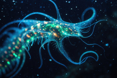 Bioluminescent deep-sea organism with glowing blue and green patterns, surrounded by tiny particles in a dark underwater setting. Mysterious marine life concept.の素材