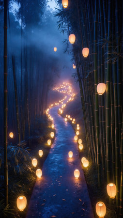 Winding pathway through a tranquil bamboo forest adorned with glowing lanterns. Soft twilight and mist create a serene and mystical ambiance.の素材